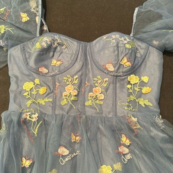 Women’s Blue Dress Embroidered Flowers & Butterflies Corset Back Size 12 NWOT - Picture 8 of 14
